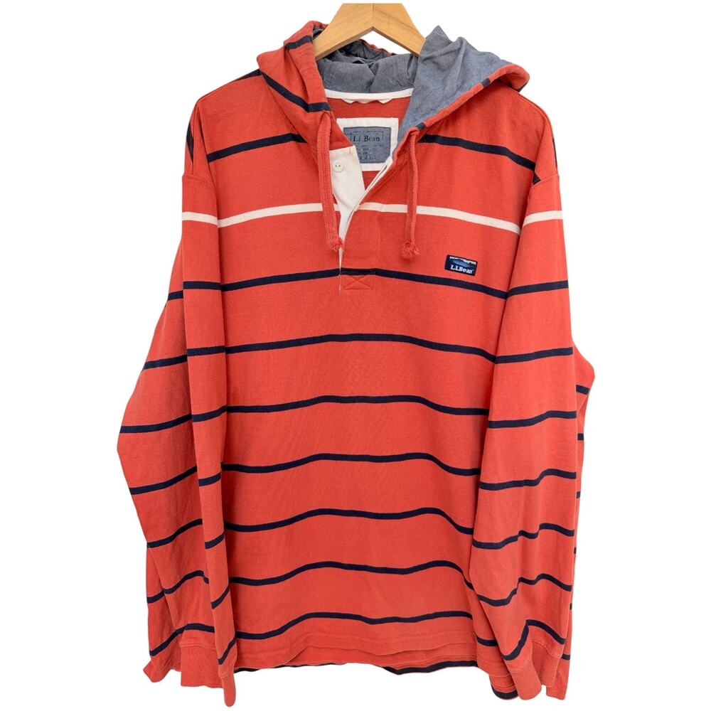 LL Bean Hoodie Mens XL Orange Striped Pullover Rugby Hooded Long Sleeve Casual